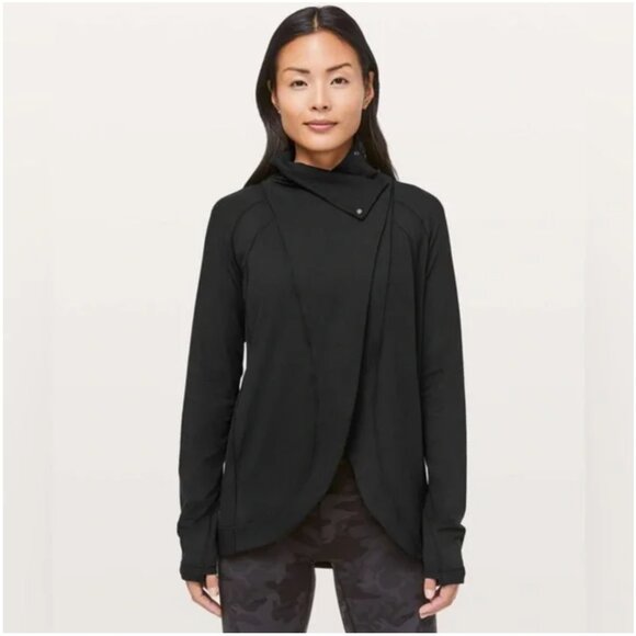 Lululemon Rulu Rally Wrap Jacket Women's 6 Black Cowl Neck Snap Cardigan W3EE0S - Picture 1 of 14